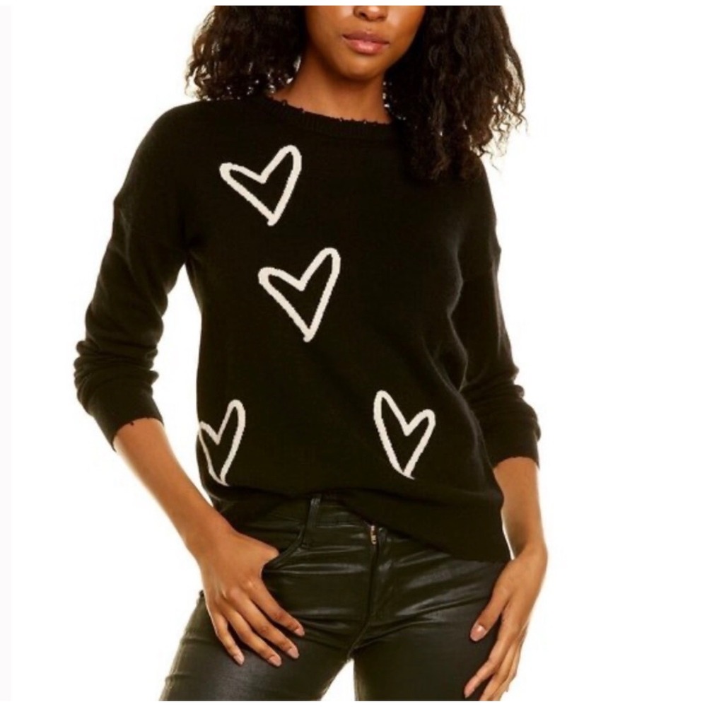 Zadig & Voltaire Gaby Black Knit Crew Neck Heart Distressed Hem Pullover Sweater